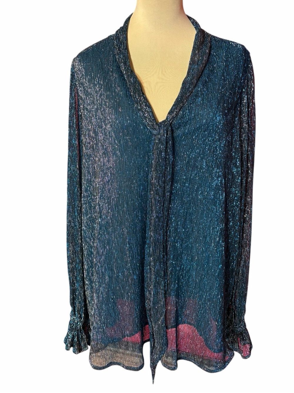 The Odells Metallic Teal Tie Neck Blouse XL Sheer Long Sleeve Anthropologie